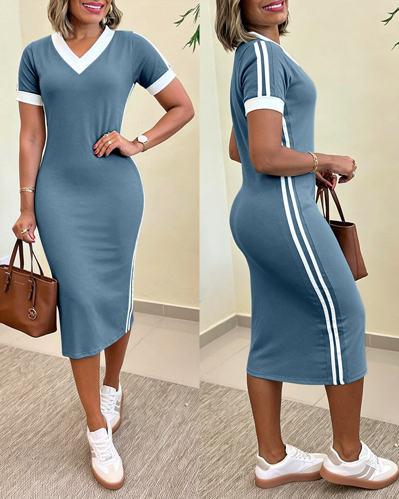 Women's Side Contrast Stripe V-Neck Dress Short Sleeve Slim Fit  Casual Dress