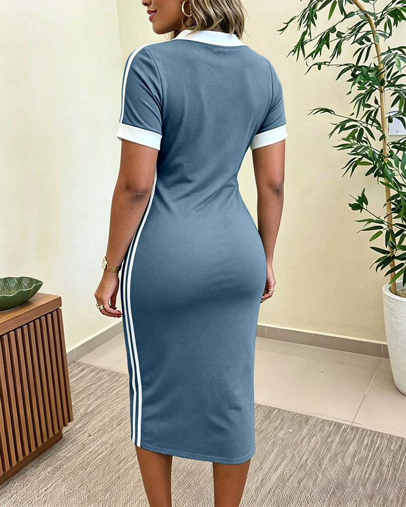 Women's Side Contrast Stripe V-Neck Dress Short Sleeve Slim Fit  Casual Dress
