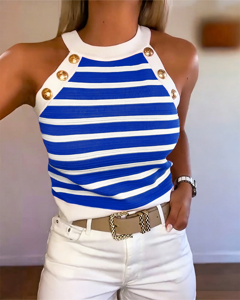 Striped Halter Sleeveless Tank Causal Golden Button Decor Breathable Knit Top