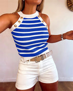 Striped Halter Sleeveless Tank Causal Golden Button Decor Breathable Knit Top