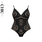 Black Scalloped Hollow Sexy One-Piece Swimsuit&Skirt