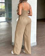 V-Neck Adjustable Thick Straps Denim Overalls Casual Shirred Back Wide Leg Suspender Jumpsuit