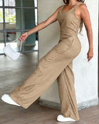 V-Neck Adjustable Thick Straps Denim Overalls Casual Shirred Back Wide Leg Suspender Jumpsuit