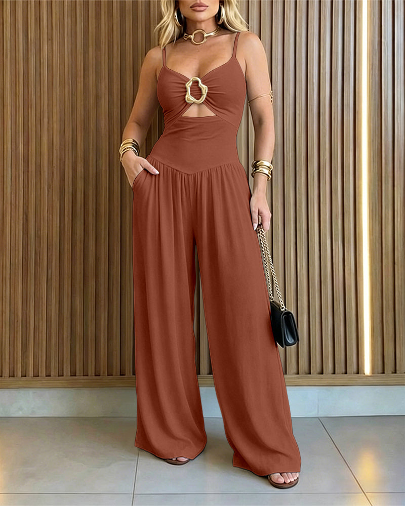Women's Gold Ring Hollow Out Wide Leg Jumpsuit Backless Adjustable Strap Romper Elegant Party Jumpsuit