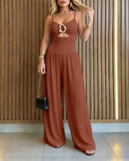 Women's Gold Ring Hollow Out Wide Leg Jumpsuit Backless Adjustable Strap Romper Elegant Party Jumpsuit