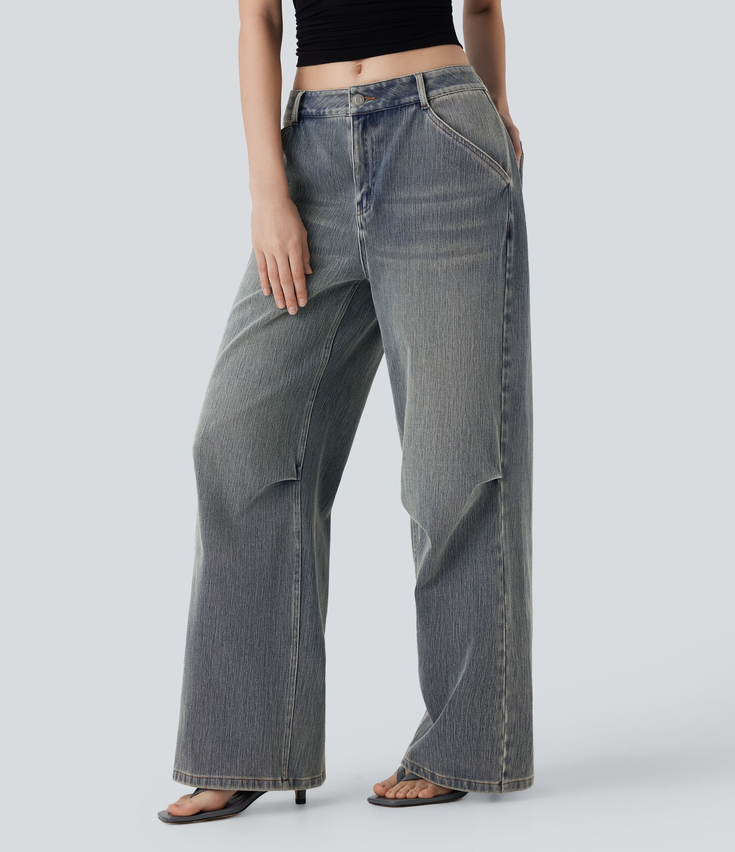 FlexTM Low Rise Wide Leg Washed Casual Jeans with Pockets