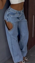 Women Heart-shaped Hollowed Out Edge Rhinestone Casual Jeans