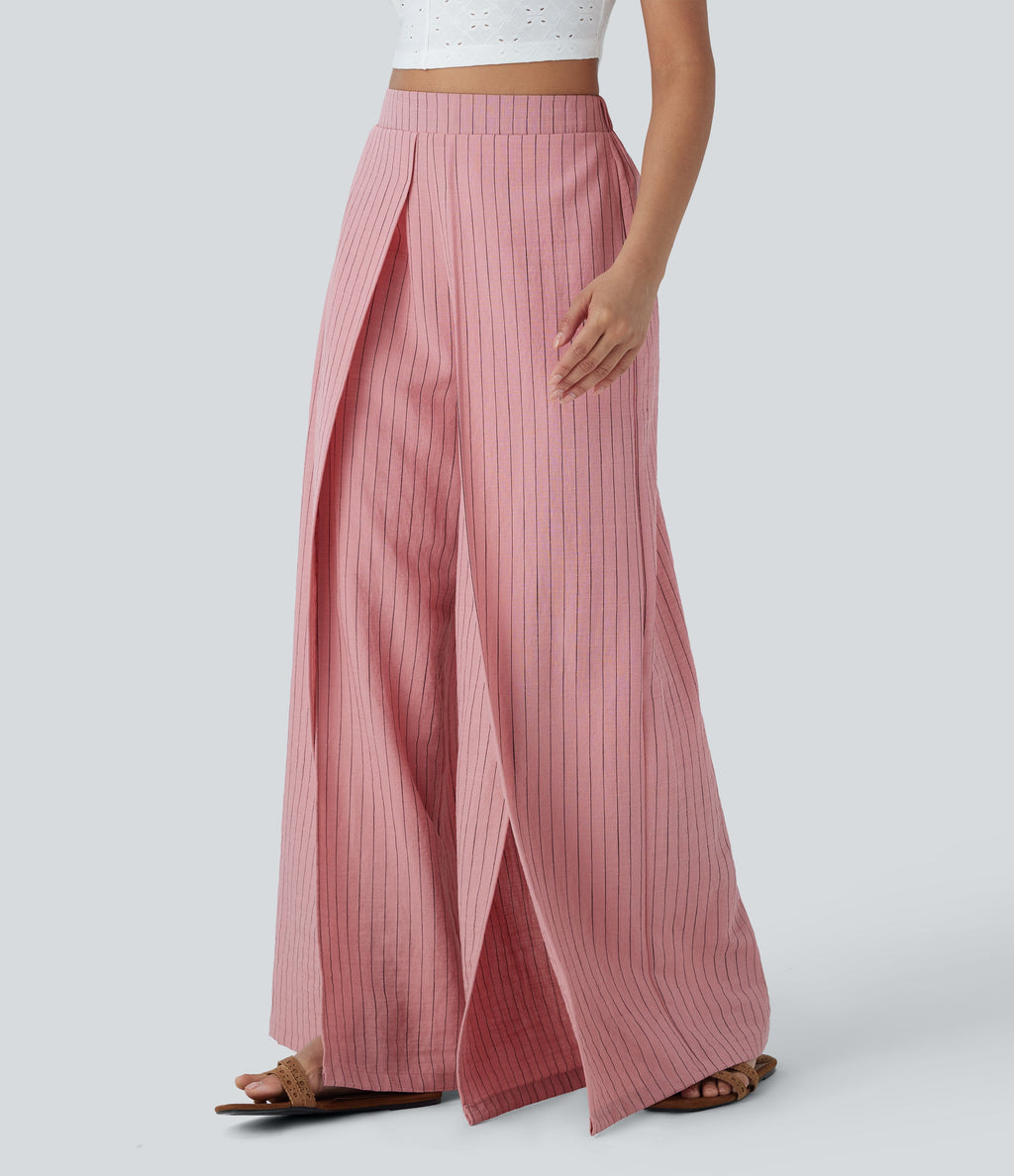 High Waisted Stripe Wide Leg Linen-Feel Pants with Pockets