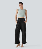 High Waisted Drawstring Curved Hem Straight Leg Yoga Pants with Pockets