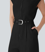 Half Zipper Cap Sleeve Straight Leg Belted Work Linen-Feel Jumpsuit with Pockets