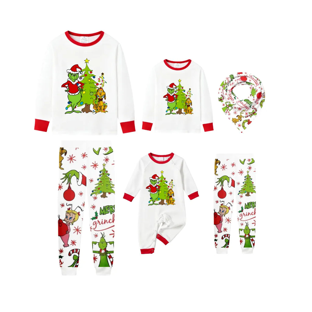 Family Christmas White Pajamas Set With Cartoon Pattern Print