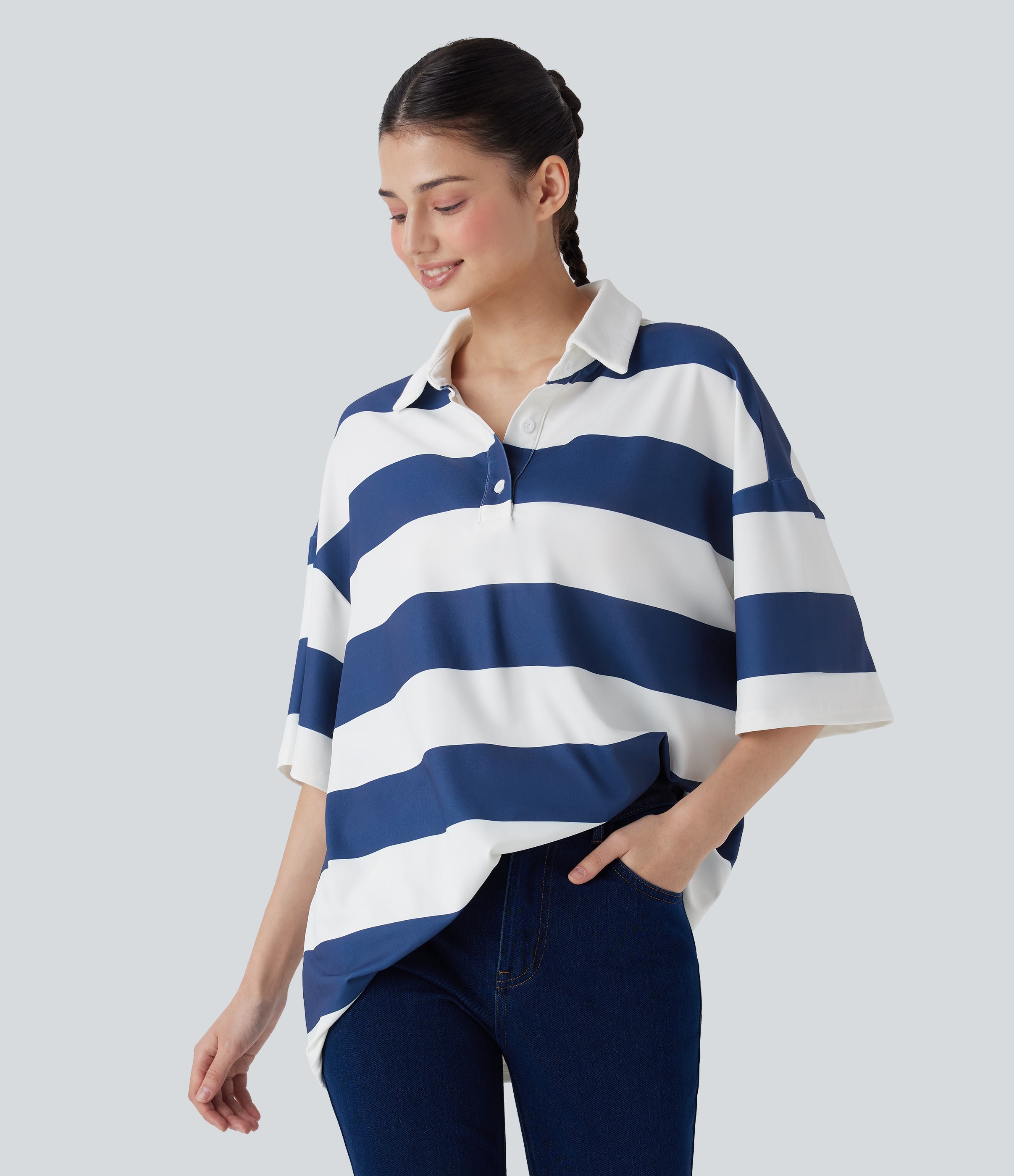 Polo Neck Dropped Shoulder Colorblock Stripe Oversize Casual T-Shirt