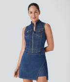 FlexTM Stand Collar Zipper Cool Touch Washed Denim Tennis Tank Top