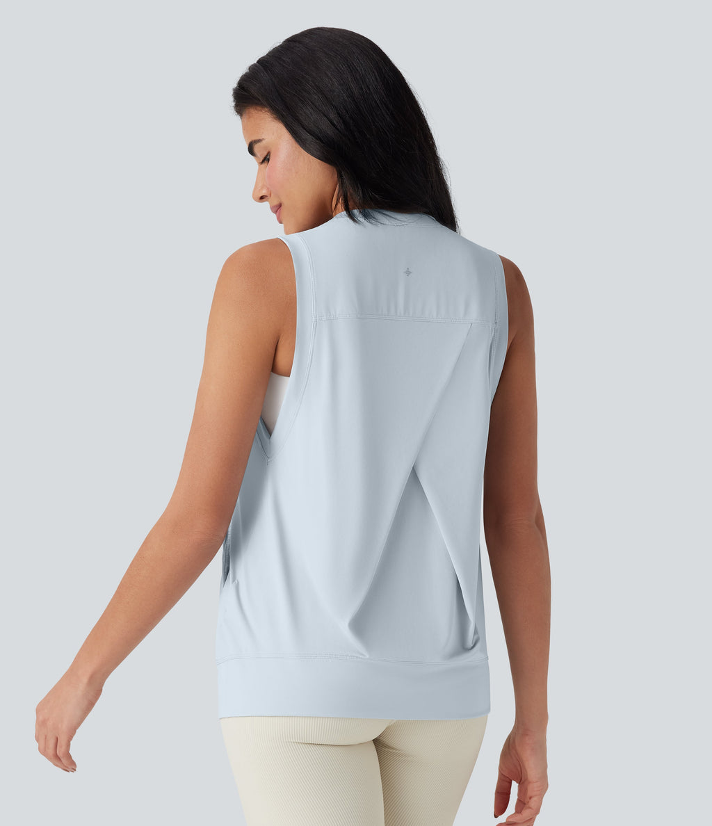Round Neck Cool Touch Yoga Tank Top with Pockets-UPF50+