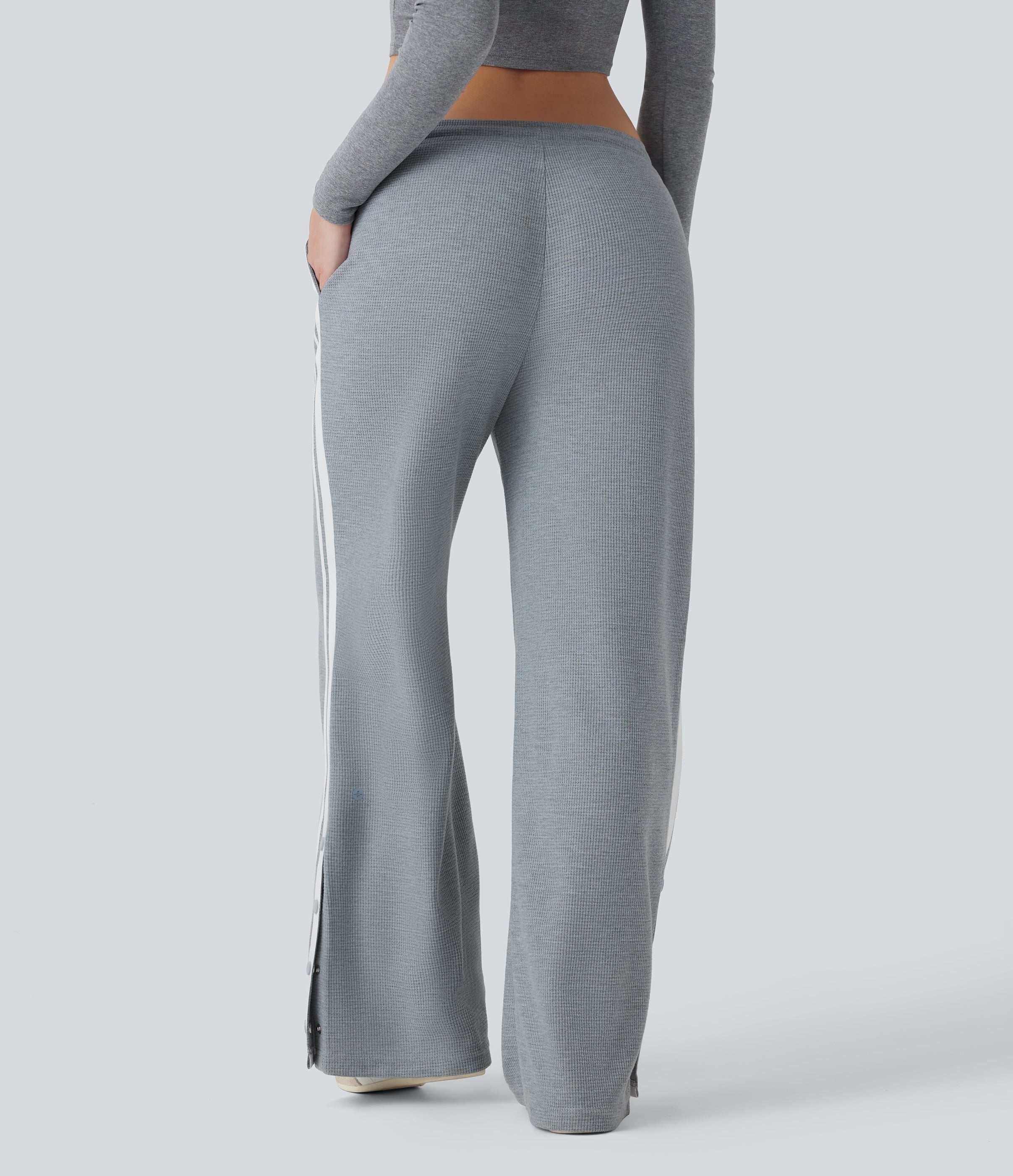 Low Rise Drawstring Color Block Snap Waffle Casual Wide Leg Pants with Pockets