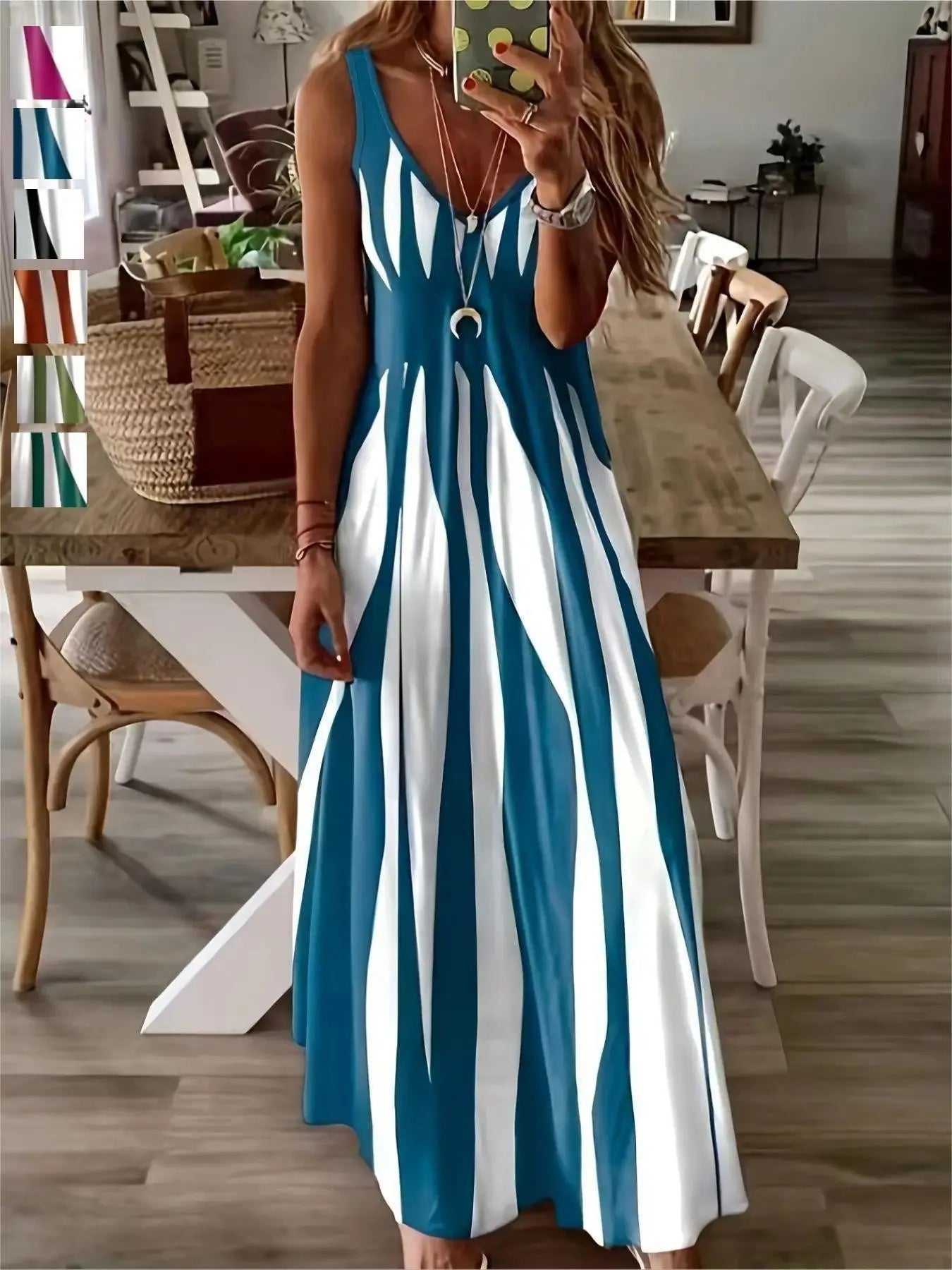 Summer New Arrival Women's Casual Sleeveless Striped V-Neck Long Dress, Sweet Style Loose-Fitting Daily Wear, Perfect for Outdoor Activities