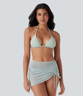 Sheer Mesh Halter Tie Back Drawstring 3-Piece Bikini Set