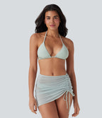 Sheer Mesh Halter Tie Back Drawstring 3-Piece Bikini Set