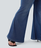 Plus Size FlexTM High Waisted Crossover Washed Casual Flare Jeans with Pockets