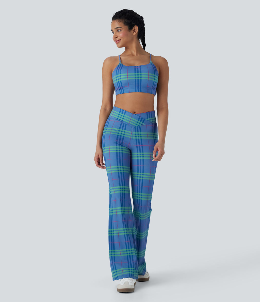 Crossover High Waisted Plaid Cool Touch Yoga Flare Leggings with Pocket