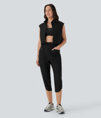Mid Rise Curved Hem Yoga Capri Pants with Pockets