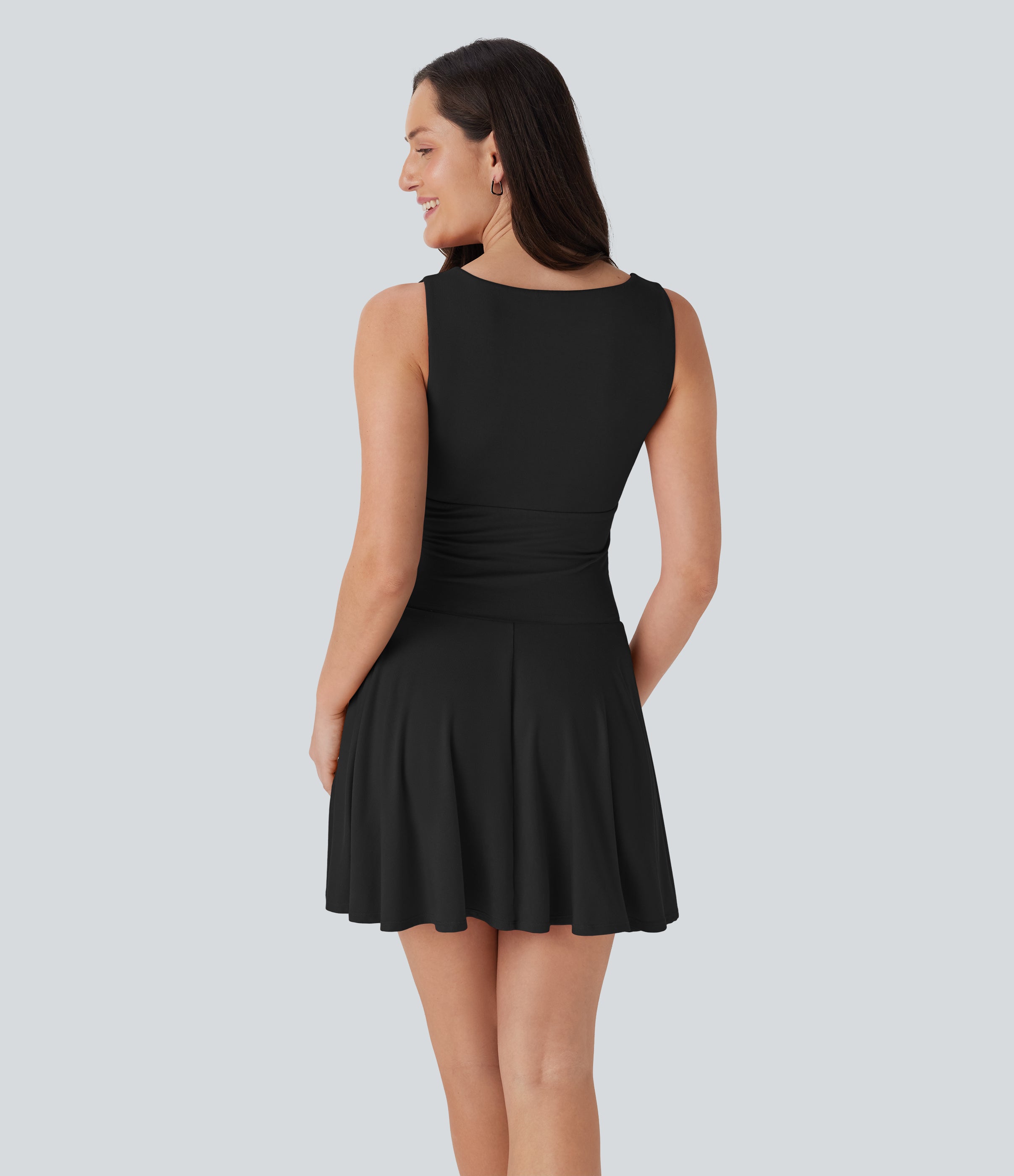 Boat Neck Sleeveless Ruched Flowy Mini Casual Dress