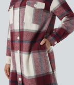 Plaid Curved Hem Longline Casual Jacket with Pockets