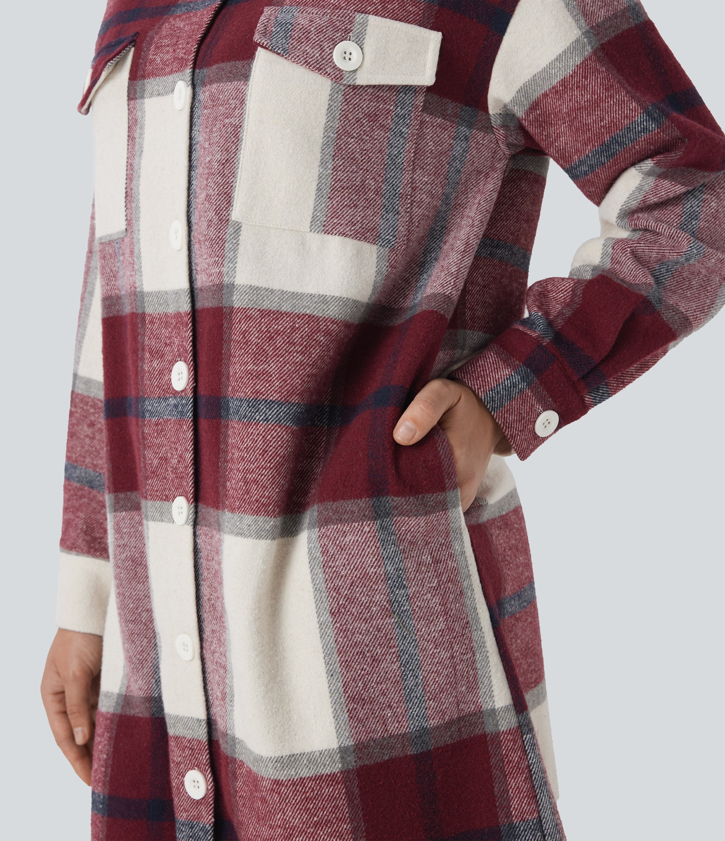 Plaid Curved Hem Longline Casual Jacket with Pockets