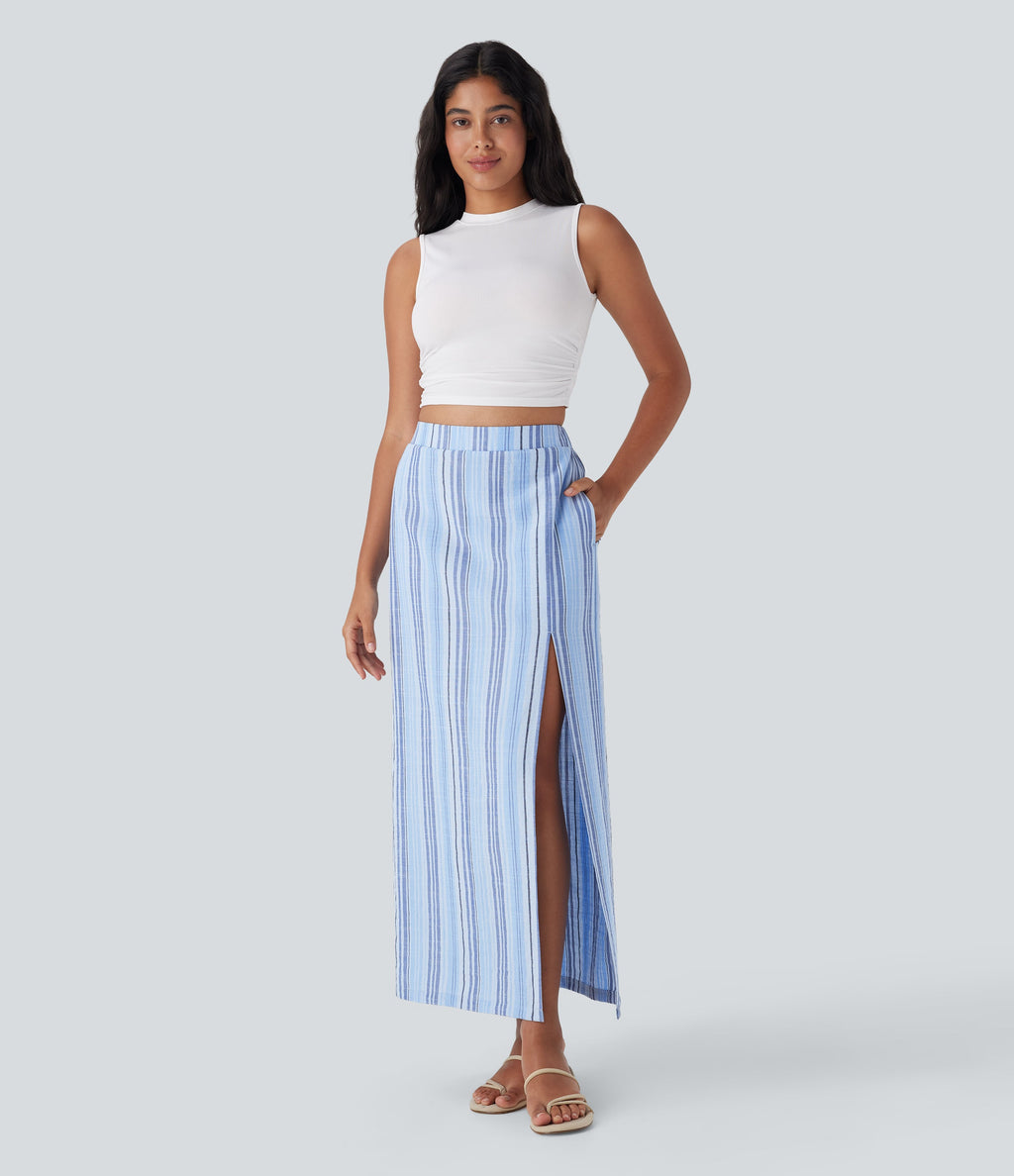 High Waisted Stripe Maxi Linen-Feel Skirt with Pockets