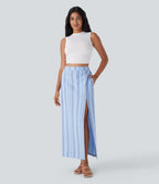 High Waisted Stripe Maxi Linen-Feel Skirt with Pockets