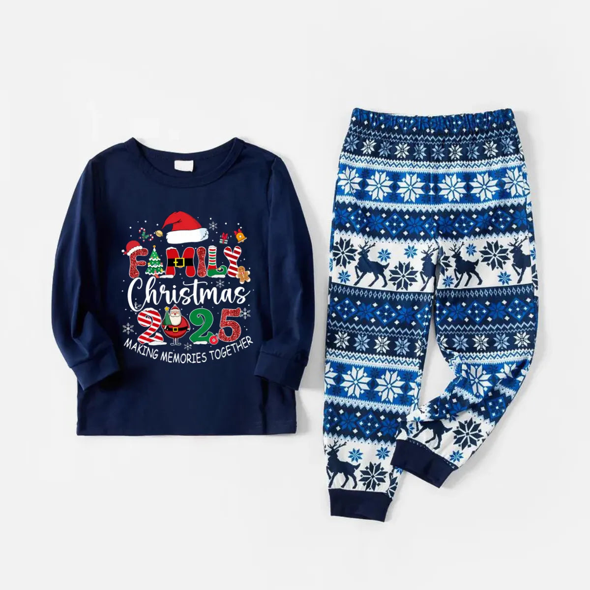 Joyful Blue Christmas Pajamas Set With "Family Christmas 2025 Making Memories Together" Text Print