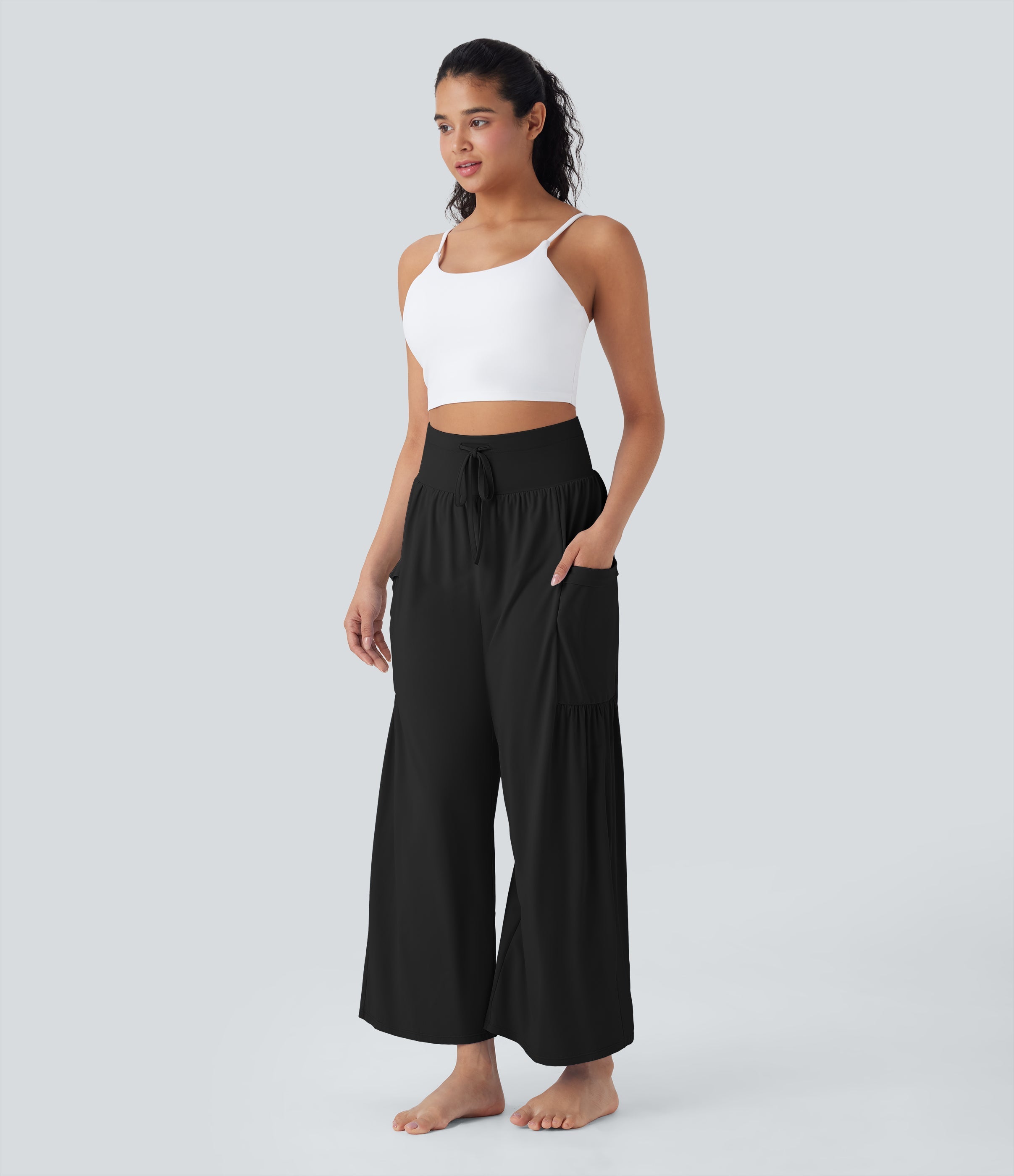 SoCinched High Waisted Tummy Control Drawstring Wide Leg Cool Touch Yoga Pants with Pockets-UPF50+