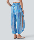 High Waisted Shirred 2-in-1 Stripe Casual Joggers with Pockets