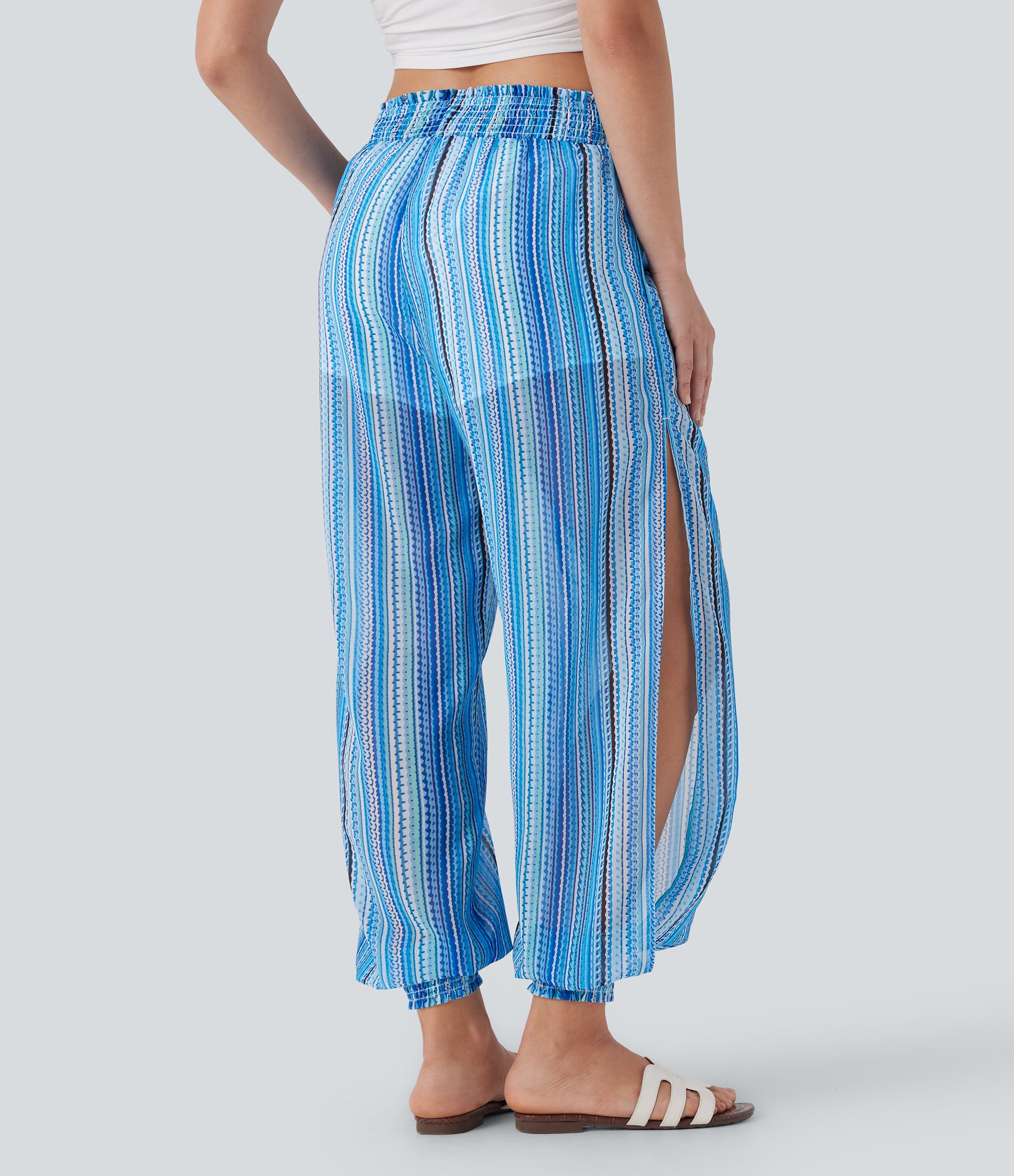 High Waisted Shirred 2-in-1 Stripe Casual Joggers with Pockets