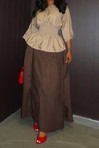 Women Round Neck Waist Cinched Top+ Half Skirt Elegant Casual Suit