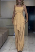 Women Strap Irregular Top+ Pants Solid Color Casual Set