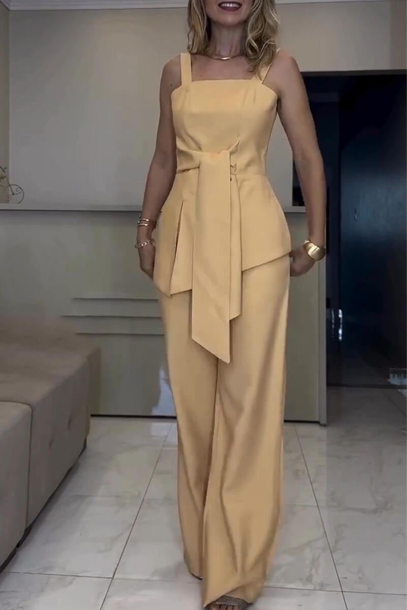 Women Strap Irregular Top+ Pants Solid Color Casual Set
