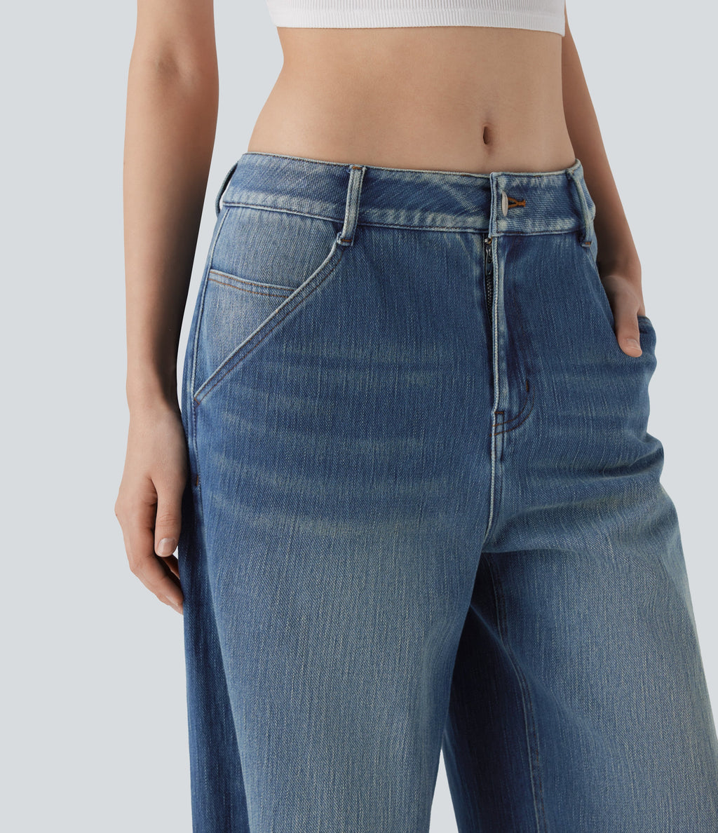 FlexTM Low Rise Wide Leg Washed Casual Jeans with Pockets