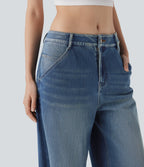 FlexTM Low Rise Wide Leg Washed Casual Jeans with Pockets