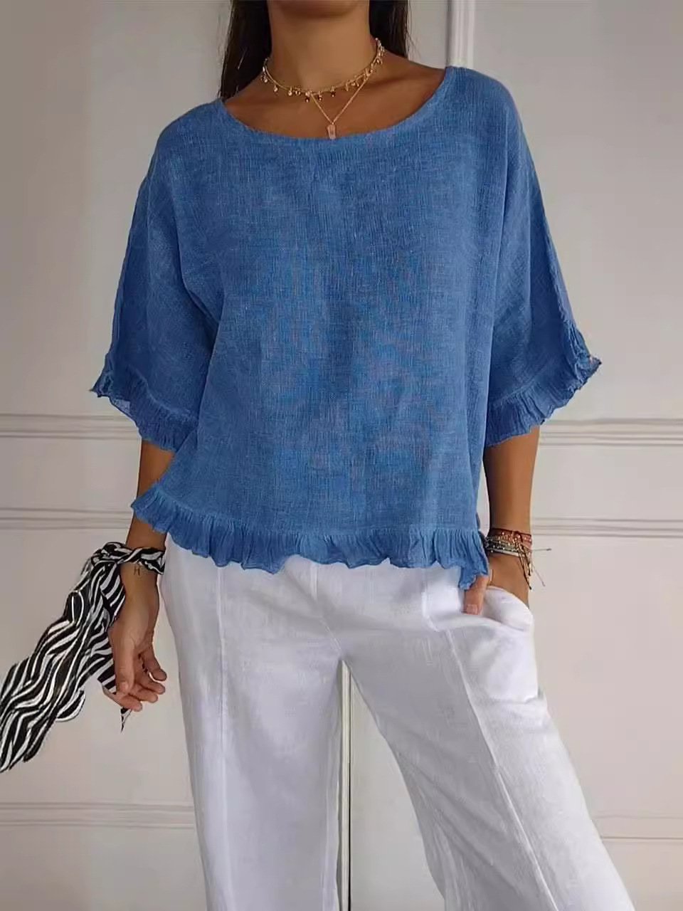 🔥Clearance Sale🔥 Women's Round Neck Ruffled Cotton And Linen Top