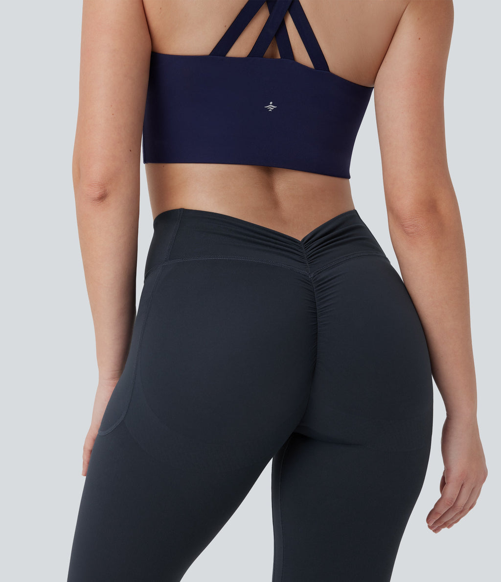 UltraSculptTM SoCinched High Waisted Tummy Control Butt Lifting Ruched Capri Yoga Bootcut Leggings with Pockets