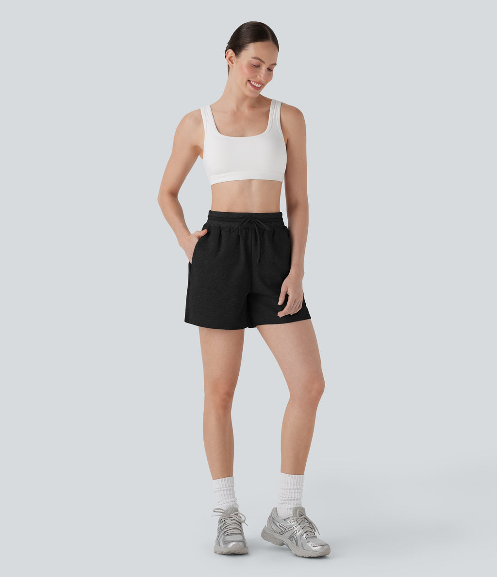 High Waisted Drawstring Waffle Yoga Shorts with Pockets