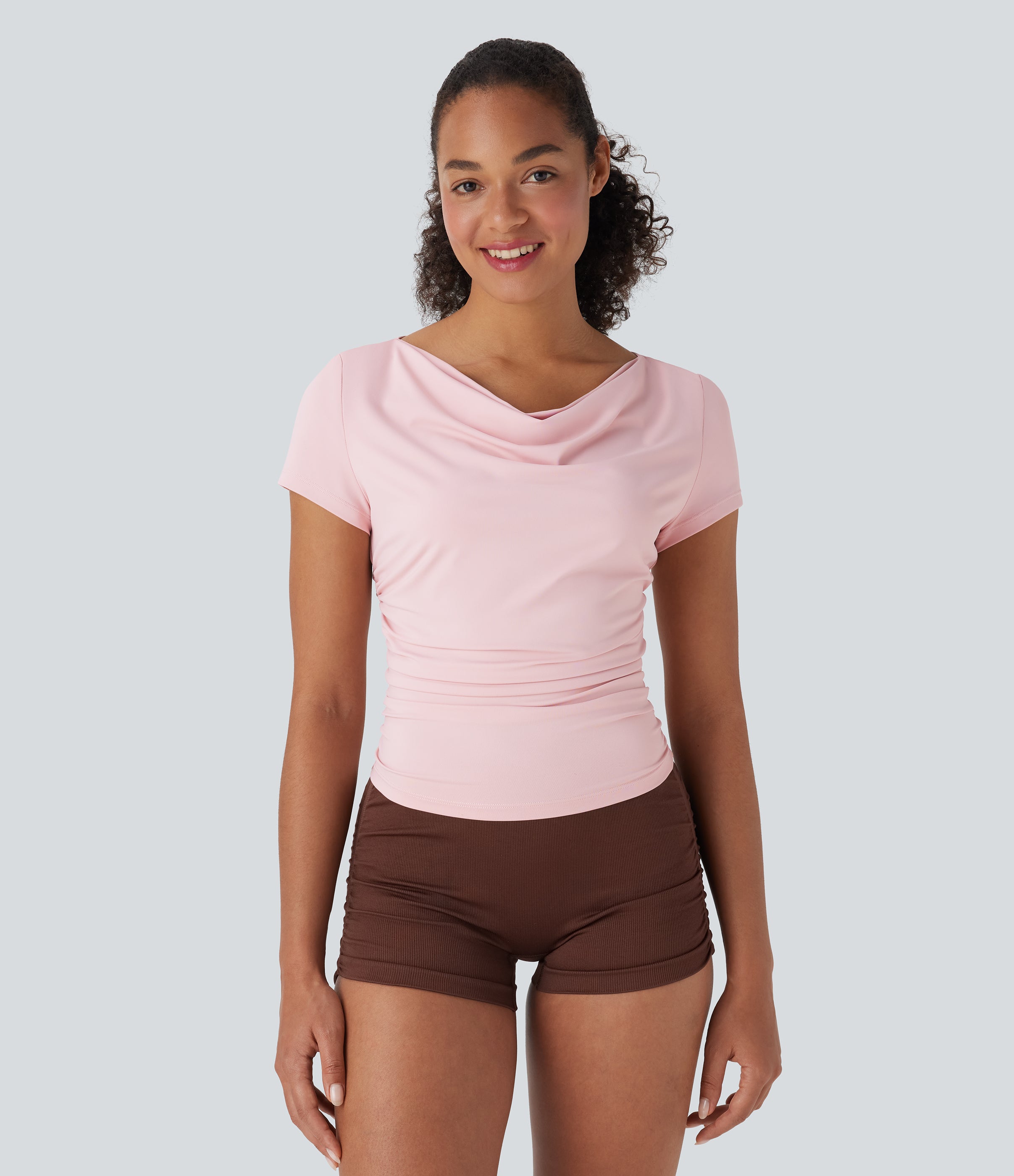 Cowl Neck Short Sleeve Ruched Yoga Top