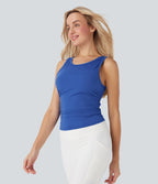 Round-Neck Racerback Ruched Built-in Bra Cool Touch Yoga Tank Top