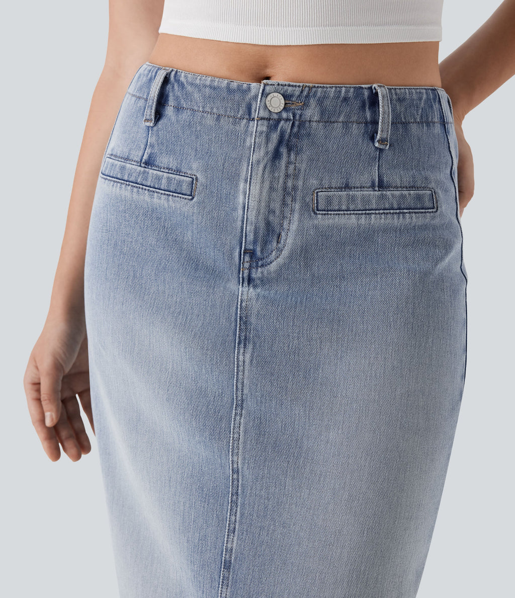 FlexTM Mid Rise Back Midi Washed Denim Casual Straight Skirt with Pockets