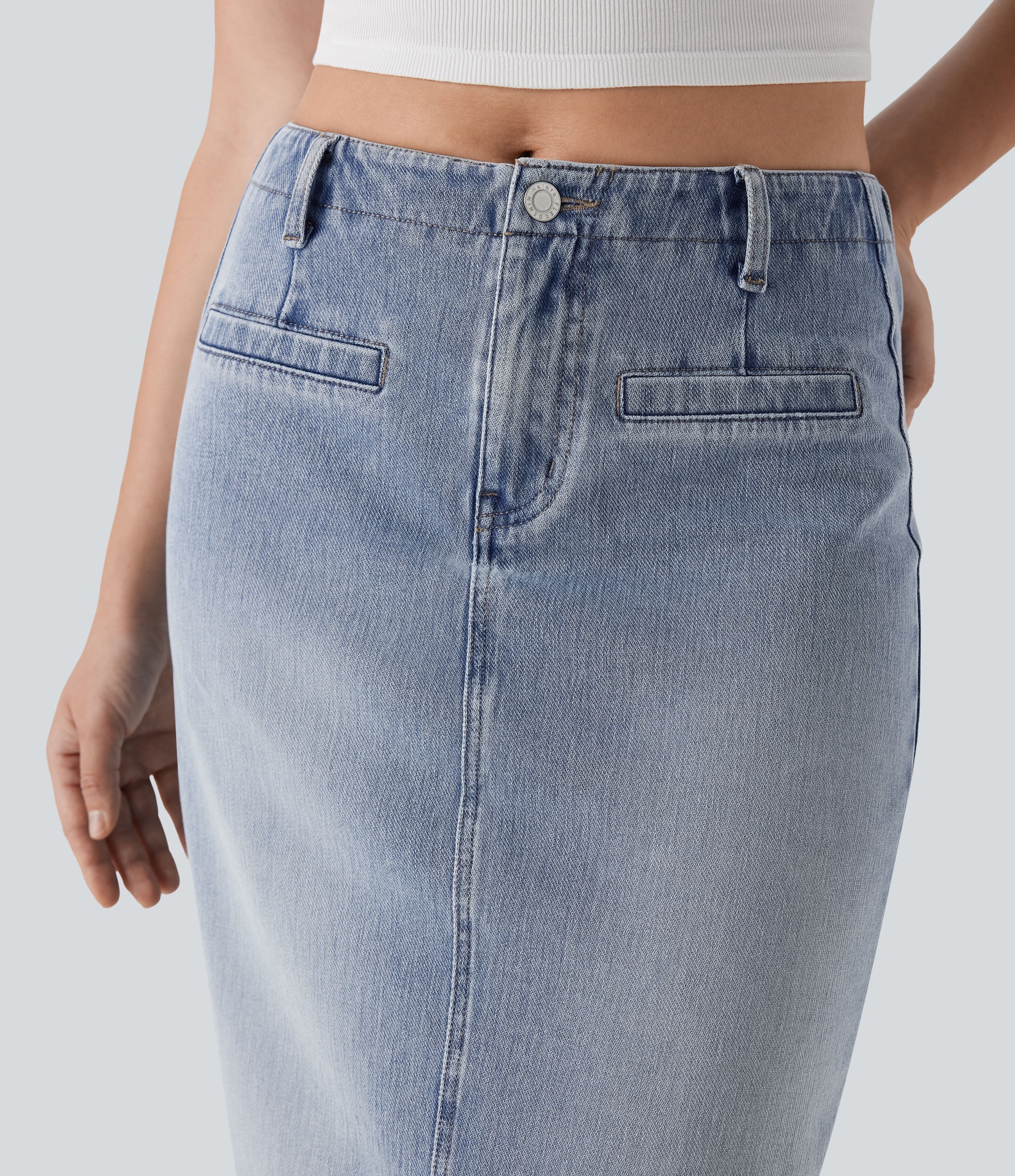FlexTM Mid Rise Back Midi Washed Denim Casual Straight Skirt with Pockets