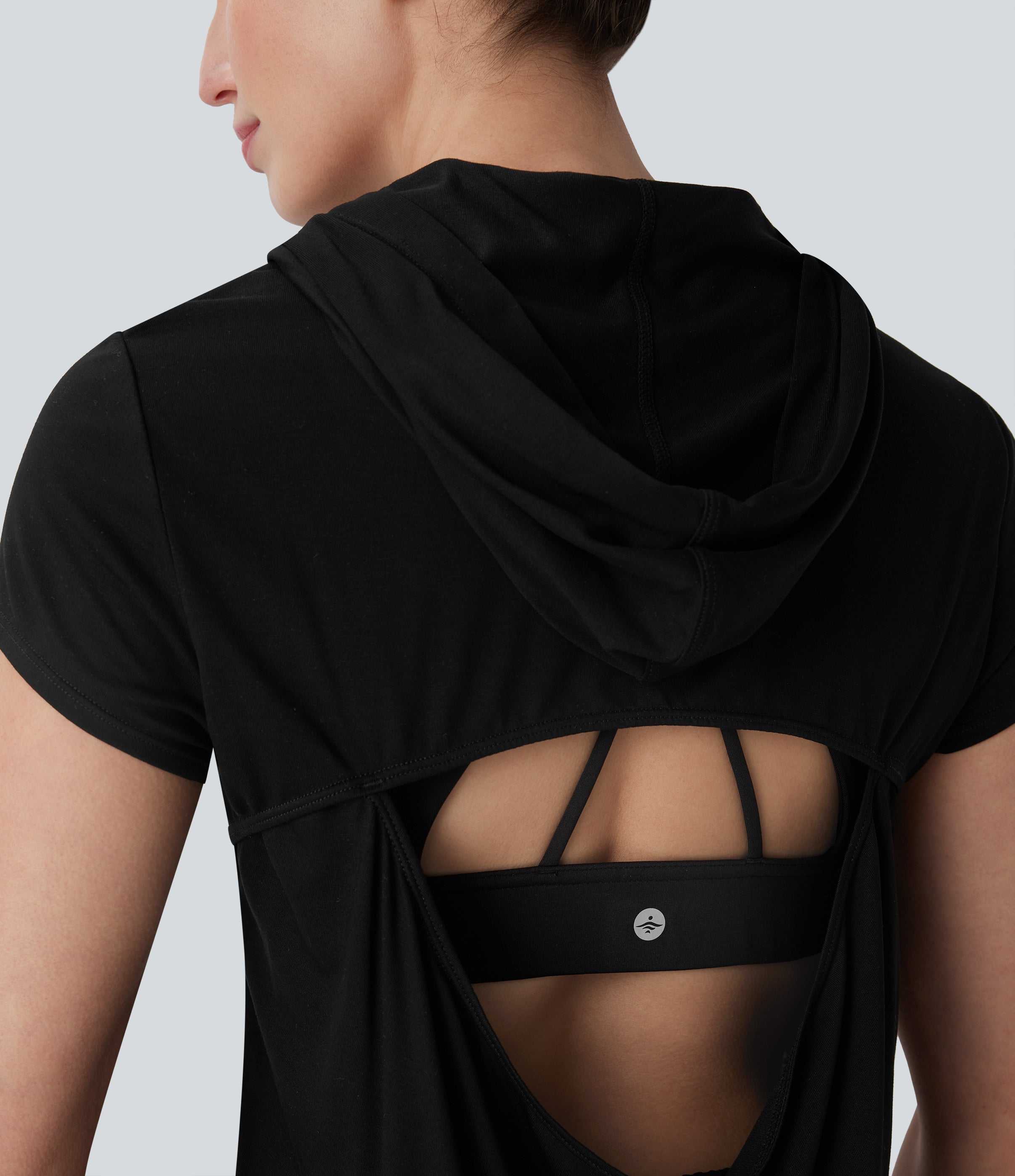 Hooded Short Sleeve Cut Out Yoga Sports Top