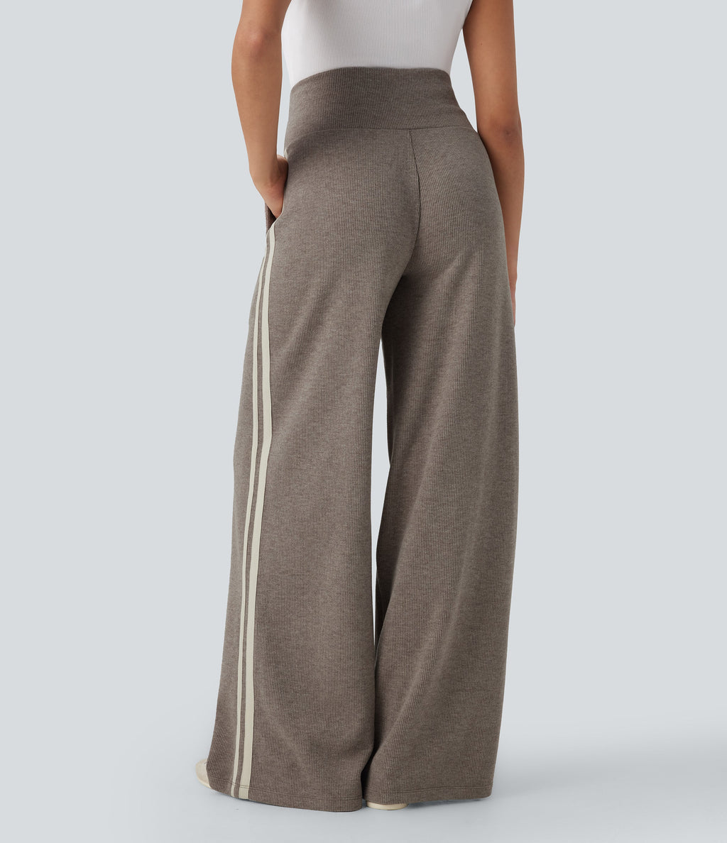 Ribbed SoCinched High Waisted Tummy Control Drawstring Wide Leg Color Block Casual Pants with Pockets