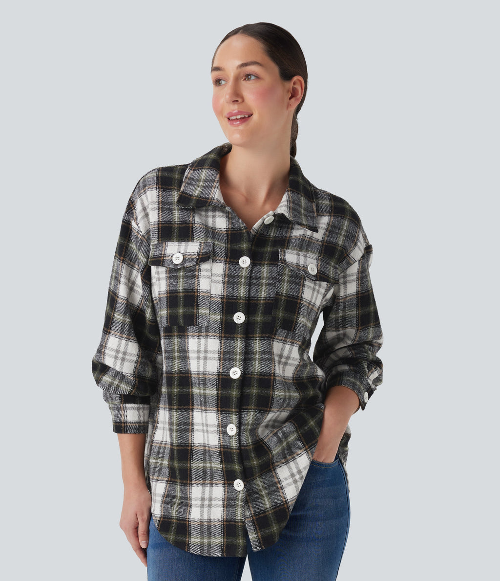 Plaid Curved Hem Casual Shirt Jacket with Flap Pockets