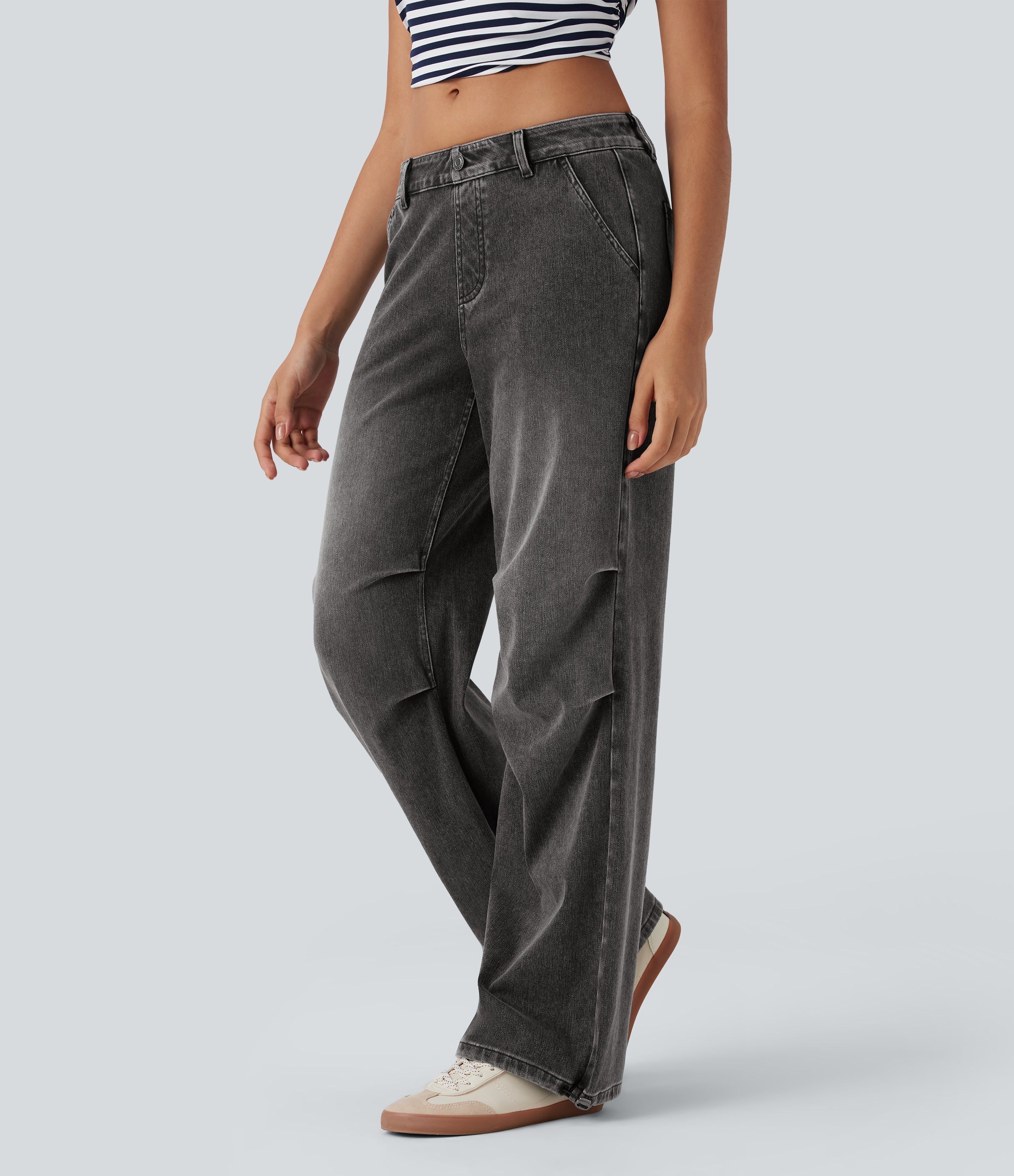 FlexTM Low Rise Adjustable Drawcord Stretchy Knit Casual Parachute Jeans with Multiple Pockets